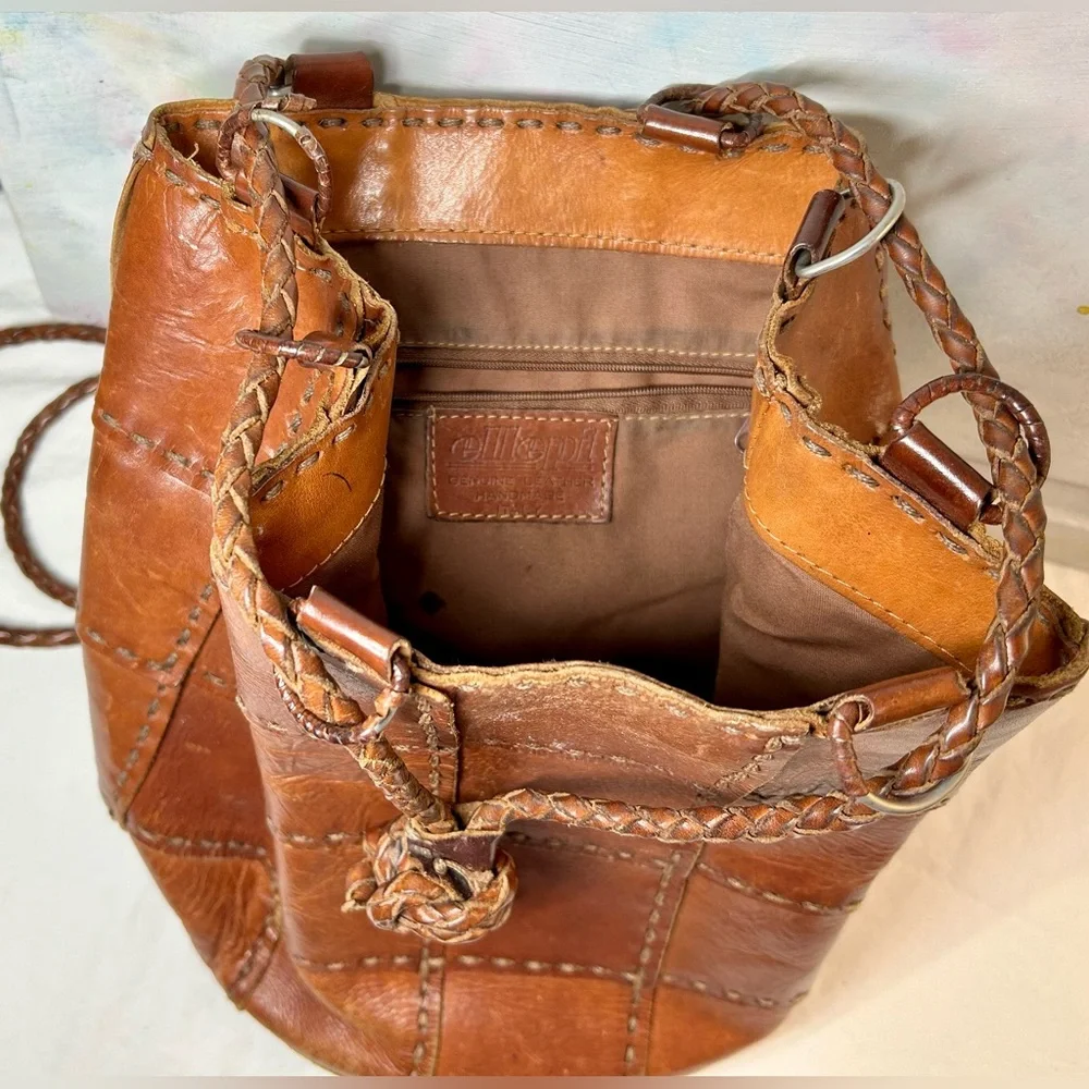 Brown Leather Patchwork Bucket Bag - Picture 4 of 7
